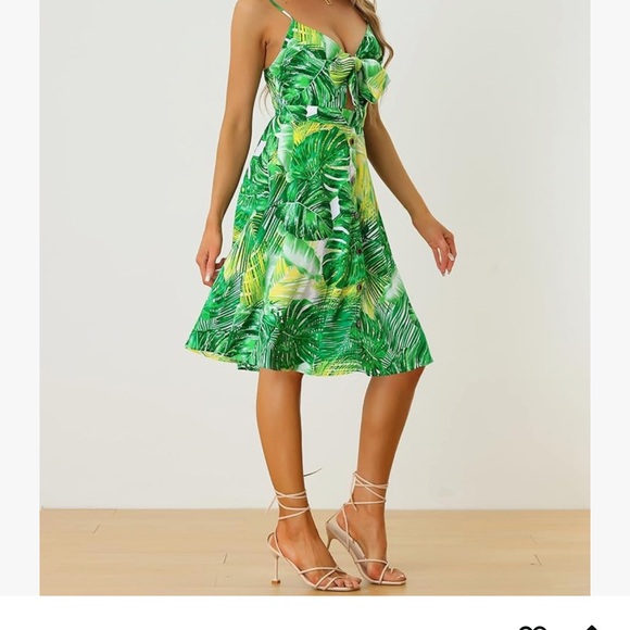 Allegra K green palm tree tropical leaf midi dress with tie knot bust - Picture 4 of 7
